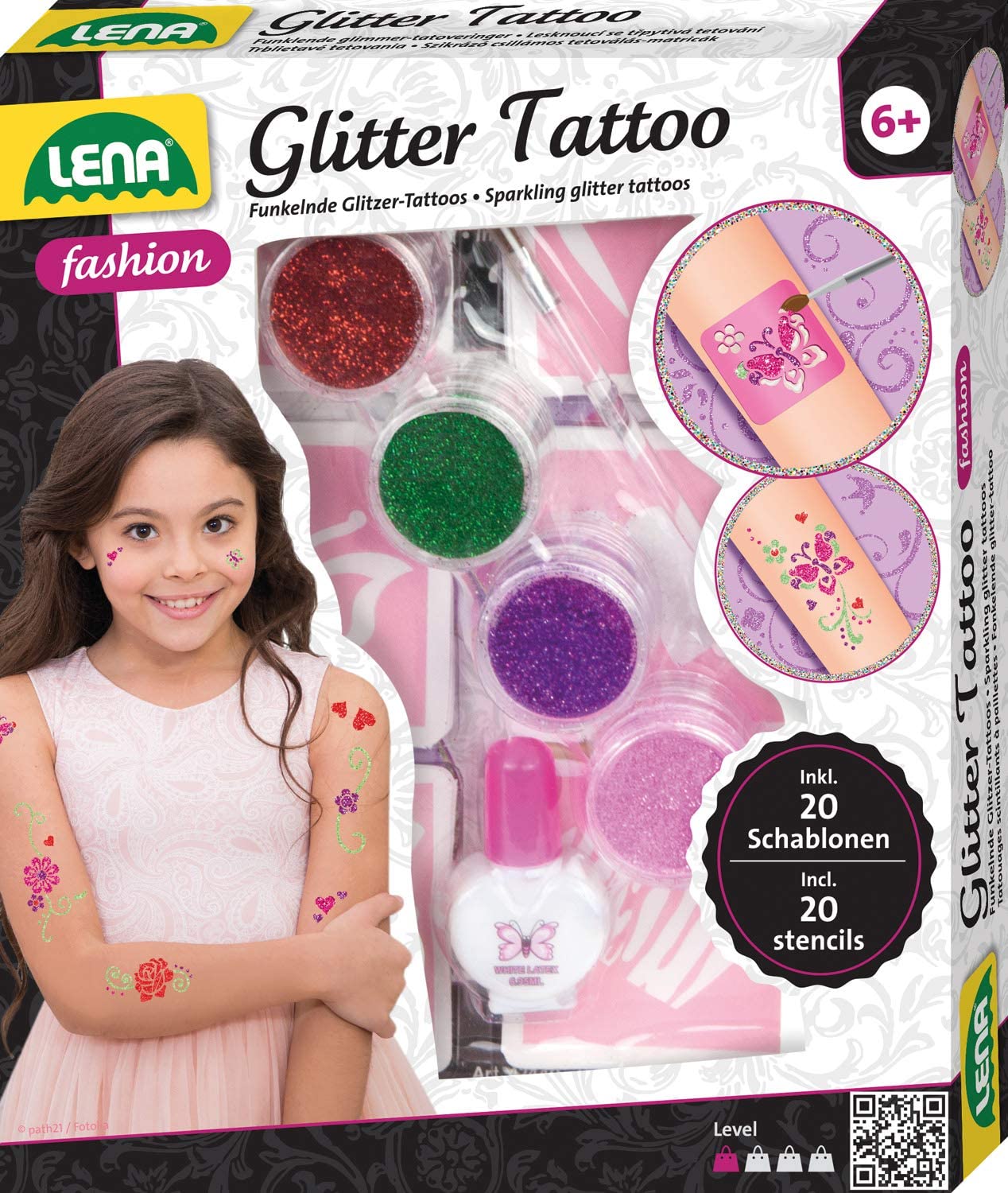 Lena 42440 Fashion Glitter Tattoo Set, Fashion Set for Styling and Decorating with 4 Glitter Colours, Brush, Latex and Ten Stencils, Washable Body Jewellery for Girls from 6 Years, ‎colourful