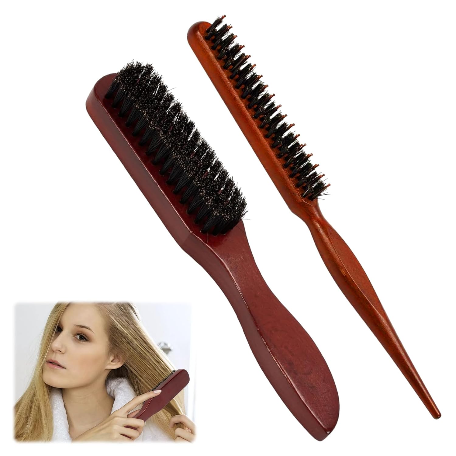 Sleek Bun Brush Set, 2 Soft Natural Boar Bristles Brush, Beard, Woody Hair Brush, Boar Bristles, Men for Hair Styling, Beard Care (Brown)