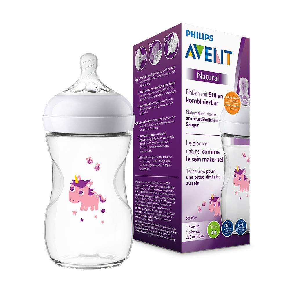 Philips Avent Natural Bottle with Natural Drinking Feel and Anti-Colic System, 260 ml, with Logo