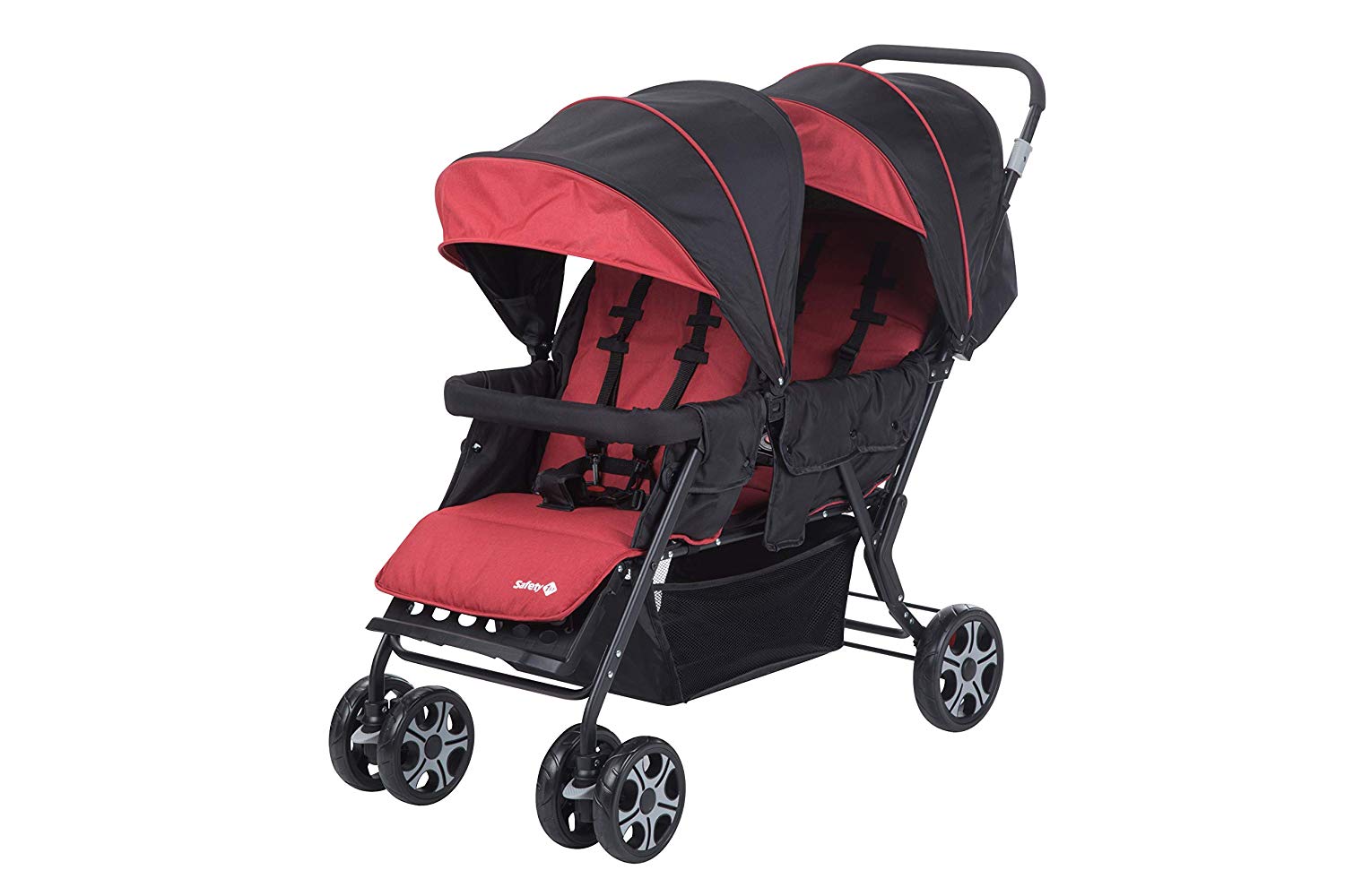 Safety 1st sibling stroller Teamy, agile twin stroller, stable metal frame with low weight, adjustable backrests, compact folding size, usable from birth to 3.5 years, red chic