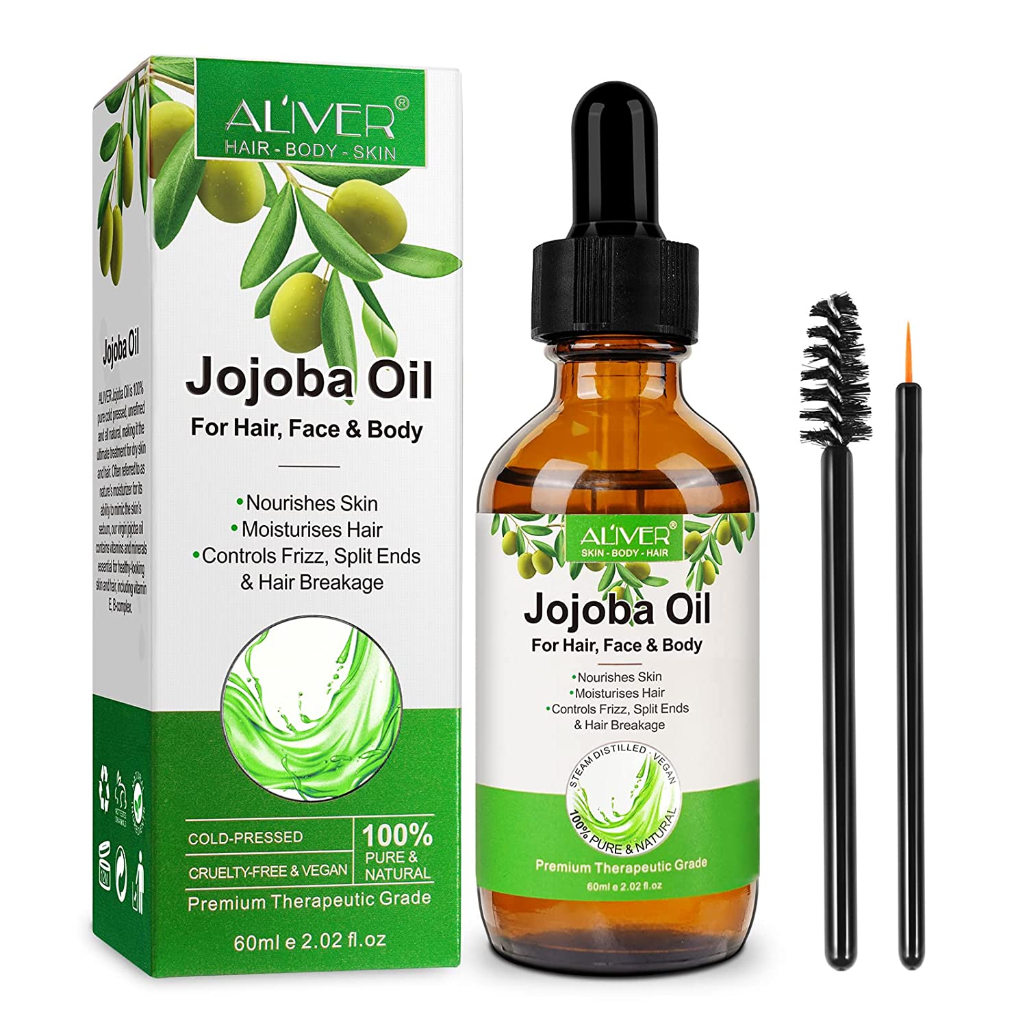 hunelaer Jojoba Oil 60 ml, 100% Pure, Natural and Cold Pressed for Face, Body, Hair, Beard, Nails, Makeup Remover, Jojoba Oil for Aromatherapy and as a Base Oil for Massage Oils