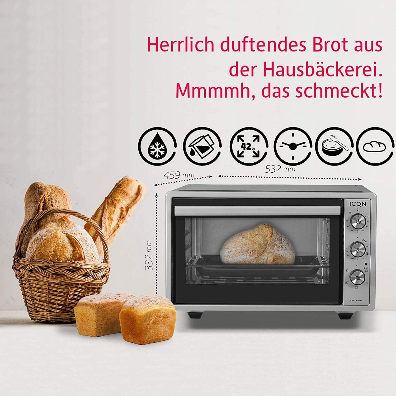 Icqn Mini Fan Oven, Pizza Oven, Mini Oven, Interior Lighting, Double Glazing, Timer Function, Enamelled