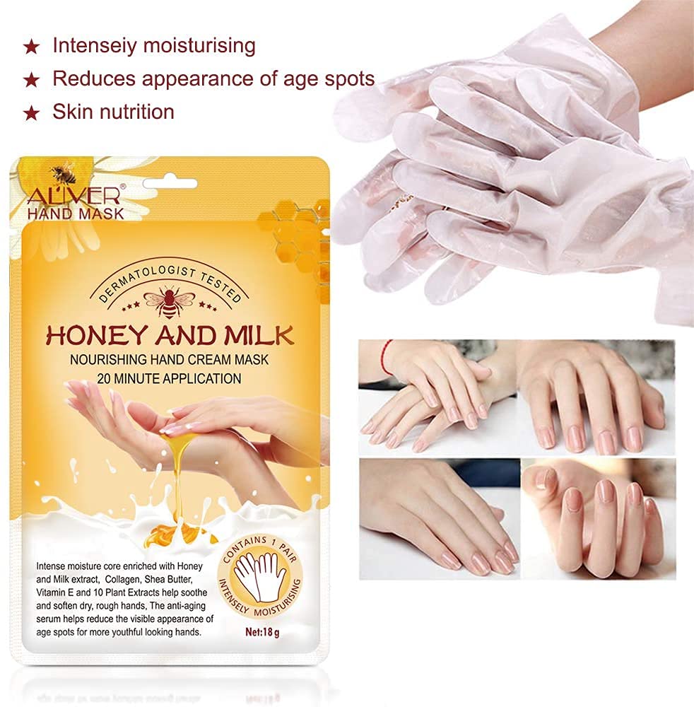 PEPHUCA Hand Mask, Honey and Milk Moisturising Gloves, Nourishing, Soft Hand Care for Dry, Cracked Hands, Mask, Hydrating Exfoliation, Nourish Whitening Skin for Men and Women (5 Pairs)