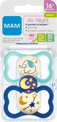 Pacifier Air Night Silicone, turquoise/blue, from 16 months, 2 pcs