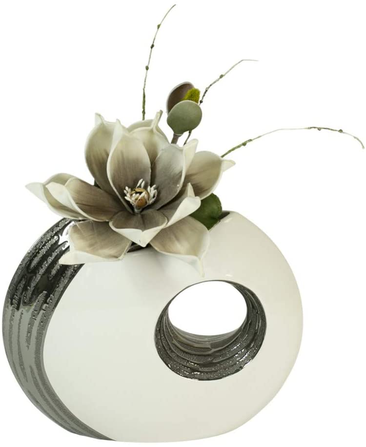 Formano Decorative Vase with Hole, Including Magnolia Blossom, Height 31 cm, White/Silver/Grey/White, Set of 2