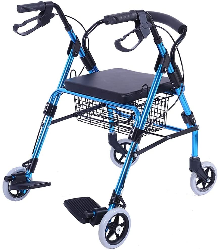 FKDERollator Folding Walking Frame Walker Walker Shopping Cart with Seat Handbrake and Footrest (Blue)