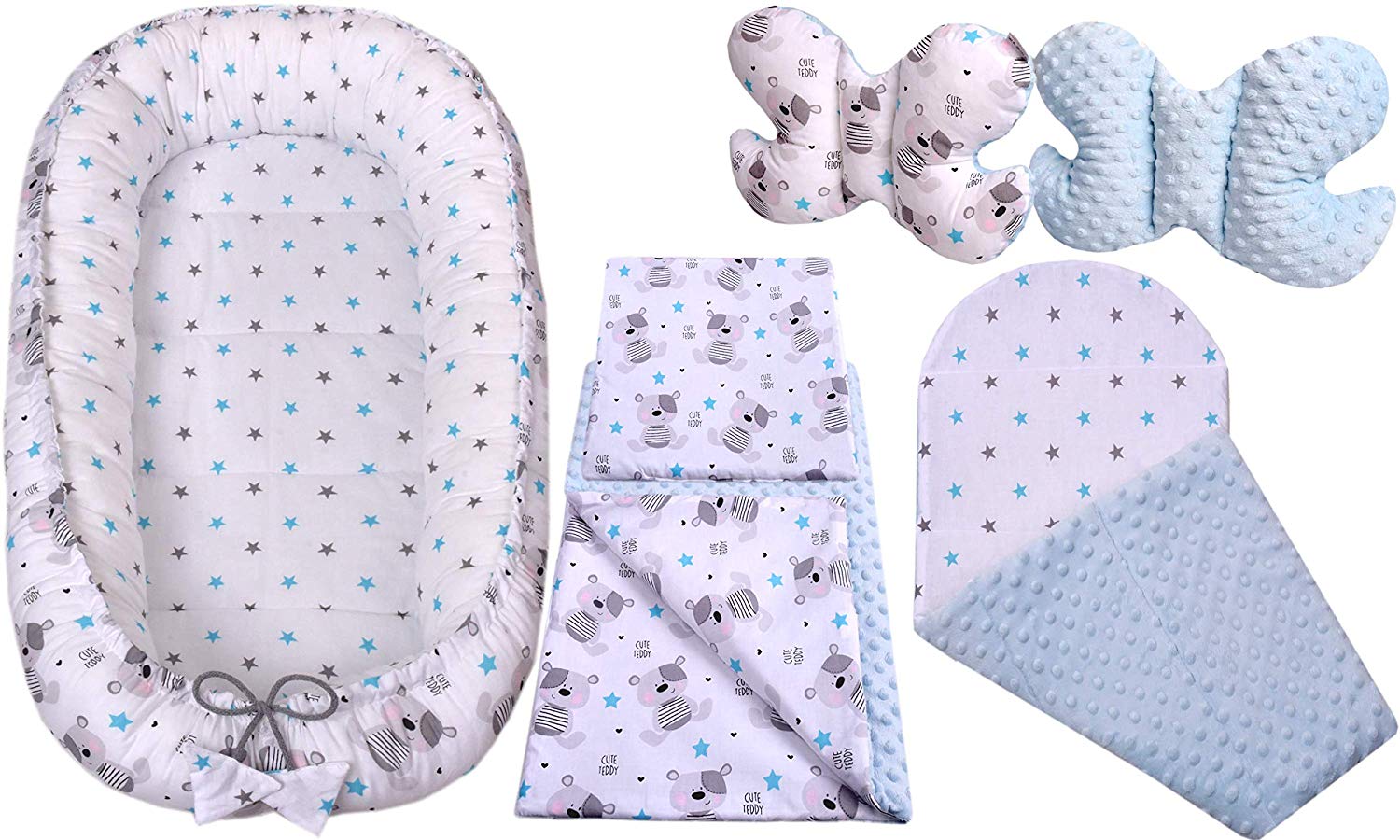 Medi Partners 5-Piece Baby Nest Set, 90 x 50 cm, Removable Insert Bed, Cuddly Nest, Crawling Blanket for Babies, Newborns, 100% Cotton (Teddy Bear with Light Pink Minky)