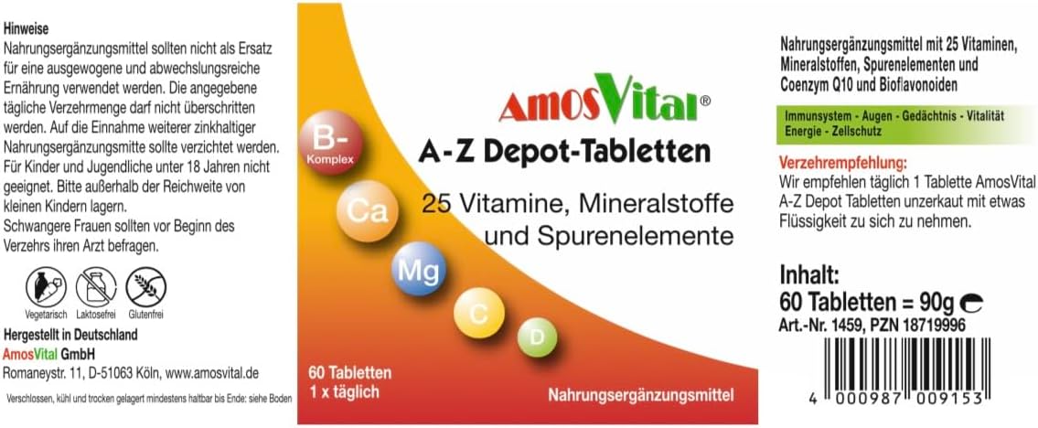 AMOSVITAL Premium Multi A-Z Depot Tablets with 25 Important Vitamins, Minerals and Trace Elements - 60 Tablets with Long-Lasting Effect - with B Complex