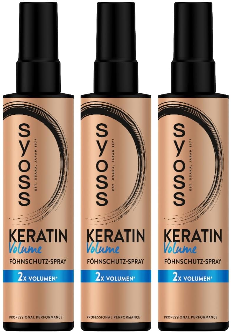 SYOSS Keratin Volume Hair Dryer Protection Spray (3 x 200 ml), Heat Protection Spray Provides Heat Protection up to 230 °C, Volume Hair Dryer Spray with Keratin for Anti-Flat Volume Effect from Root