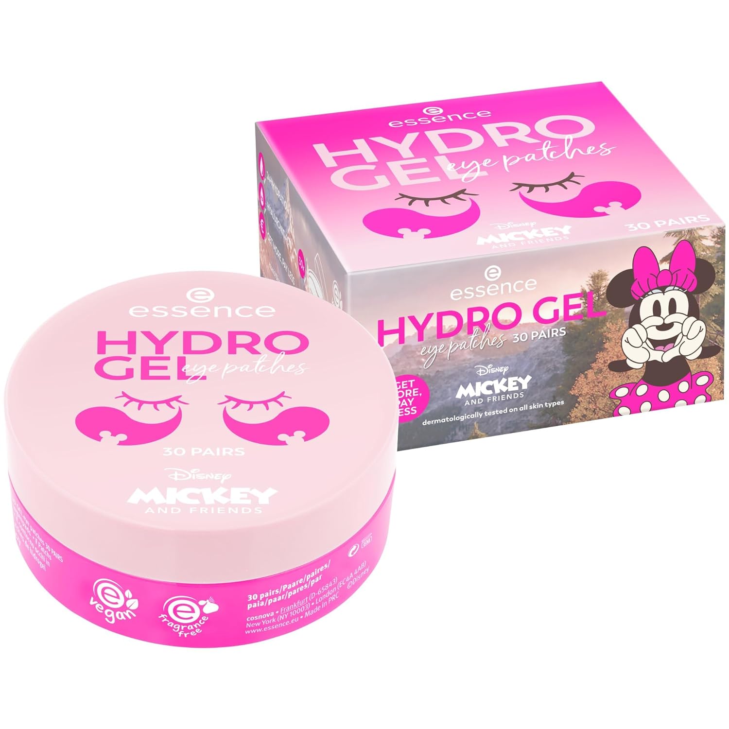 essence Disney Mickey and Friends Hydro Gel Eye Patches, 30 Pairs, Eye Care, Pink, Moisturising, Nourishing, Relaxing, Vegan, Oil-Free, Perfume, No Alcohol, Pack of 1 (30 Pairs)