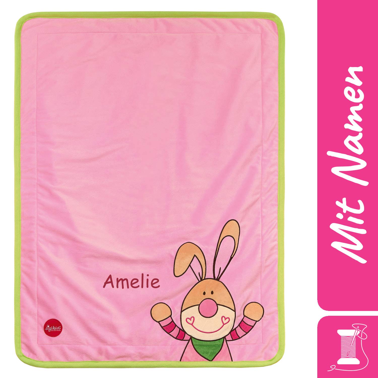 Sigikid 41558 Blanket Rabbit with Embroidered Name, Children\'s Cuddle Blanket Personalised 75 x 100 cm, Girls, Baby Gifts, Pink/Green
