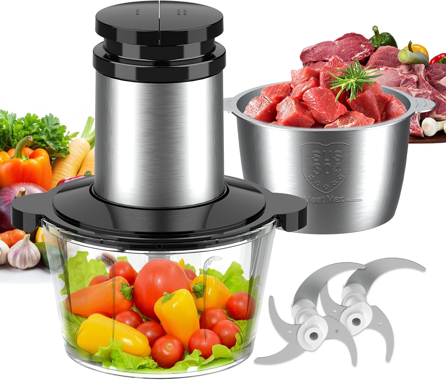 Becontrip 500 W Electric Kitchen Chopper with 2 L Stainless Steel Bowl and 2 Speeds, Food Processor with 4 Blades for Meat, Onions, Fruit, Vegetables