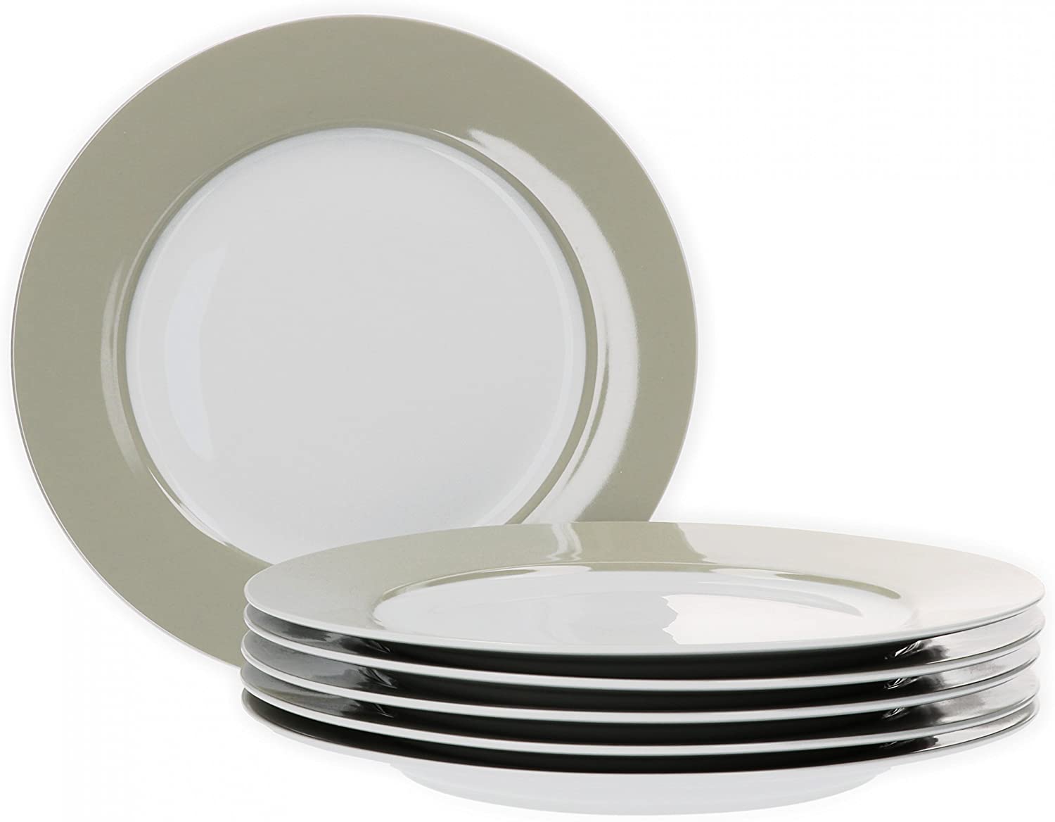 Van Well Vario Dinner Plate Set 6 Pieces I Dinner Service for 6 People I Flat Dining Plate with Diameter 26.5 cm I Porcelain Service White with Beige Rim I Plate Set Microwave Safe