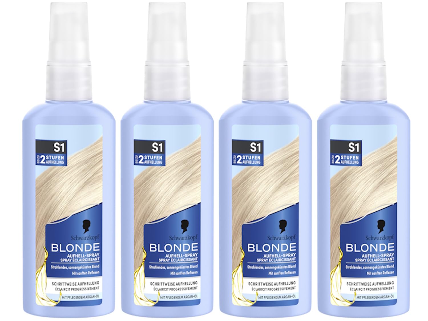 Schwarzkopf Blonde Brightener S1 Level 3 (4 x 125 ml), Lightening Spray for Lightening Hair by up to 2 Levels for a Radiant, Sun-Kissed Blonde Hair Color, Formula with Argan Oil