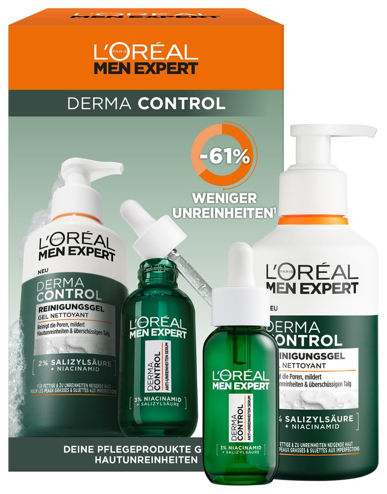 L\'Oréal Men Expert Anti-Pimple Care Set for Men, Gift Set with Wash Gel and Serum for Blemished Skin, Gifts for Men with Salicylic Acid & Niacinamide, Derma Control, 1 x 260 ml, 1 x 30 ml