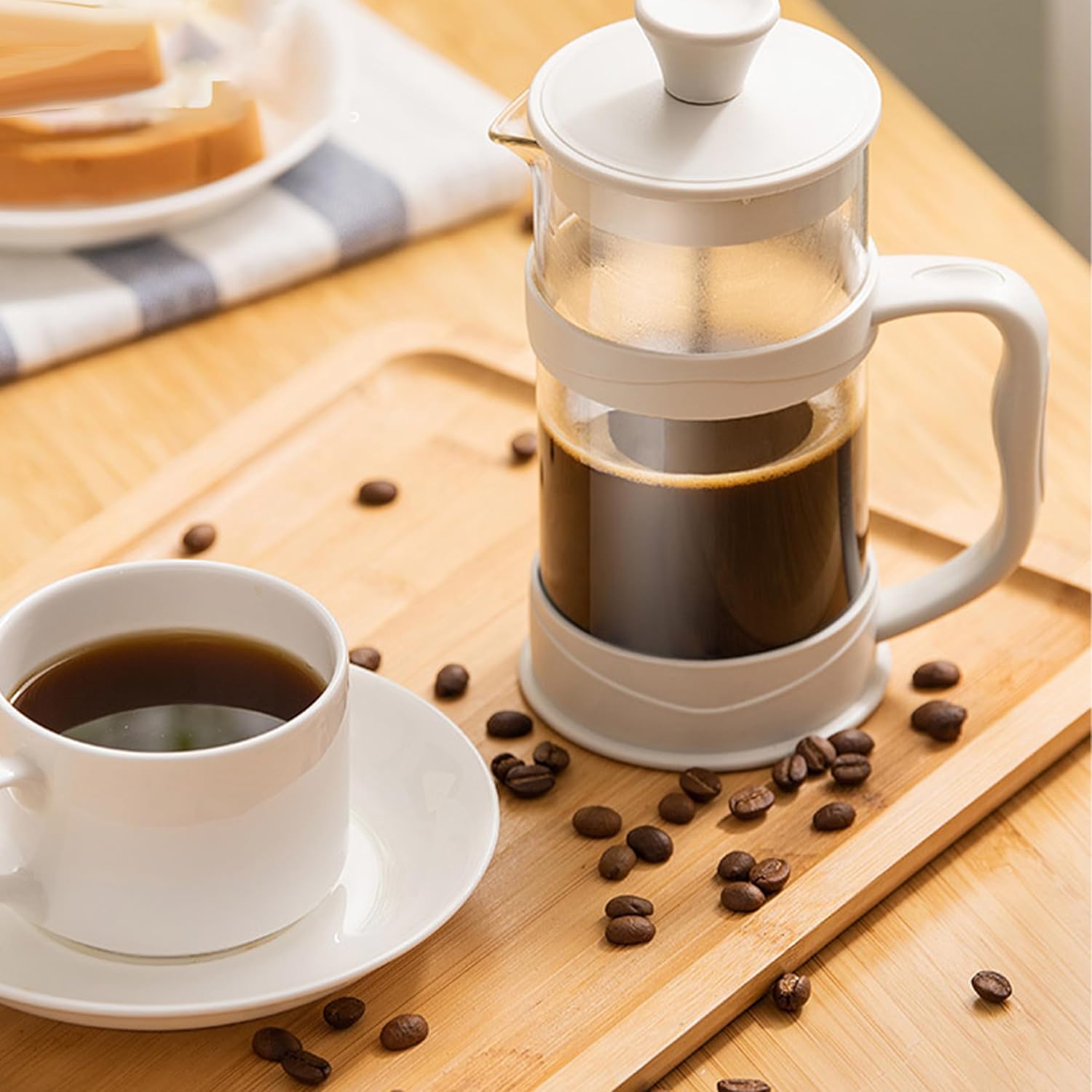UUE French Press, Glass Material French Press, Coffee Maker Stainless Steel Filter, Coffee Maker French Press with Anti-Collision Base, French Press Coffee 1 Liter, A French Press Camping Suitable for