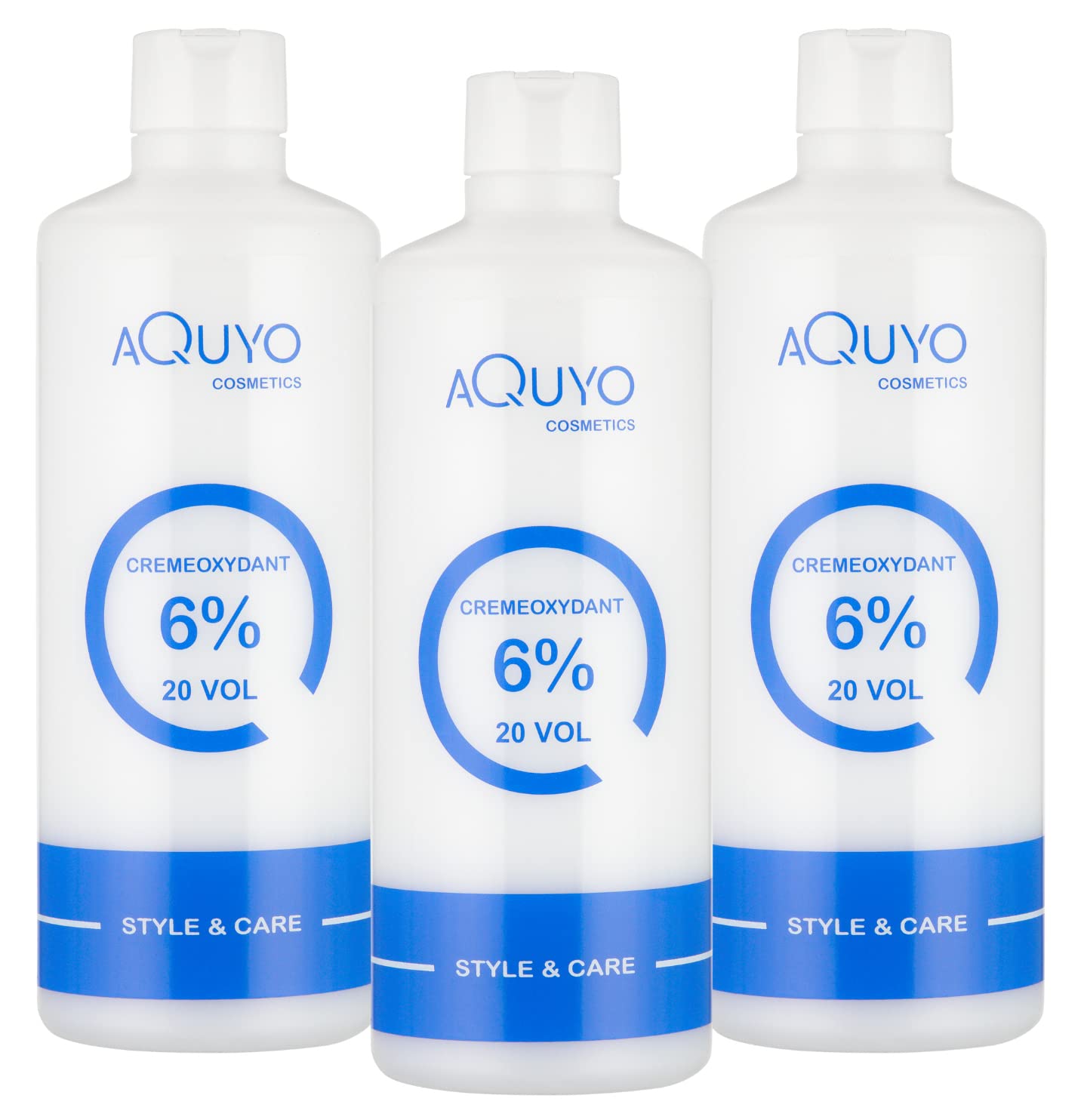 AQUYO Creme Oxydant Developer 6% 500 ml (20 Volumes) for Hair Colouring, Hair Dye or Bleaching (Pack of 3) | Oxidation Cream with Hydrogen Peroxide H2O2 | Oxidant is Free from Fragrances