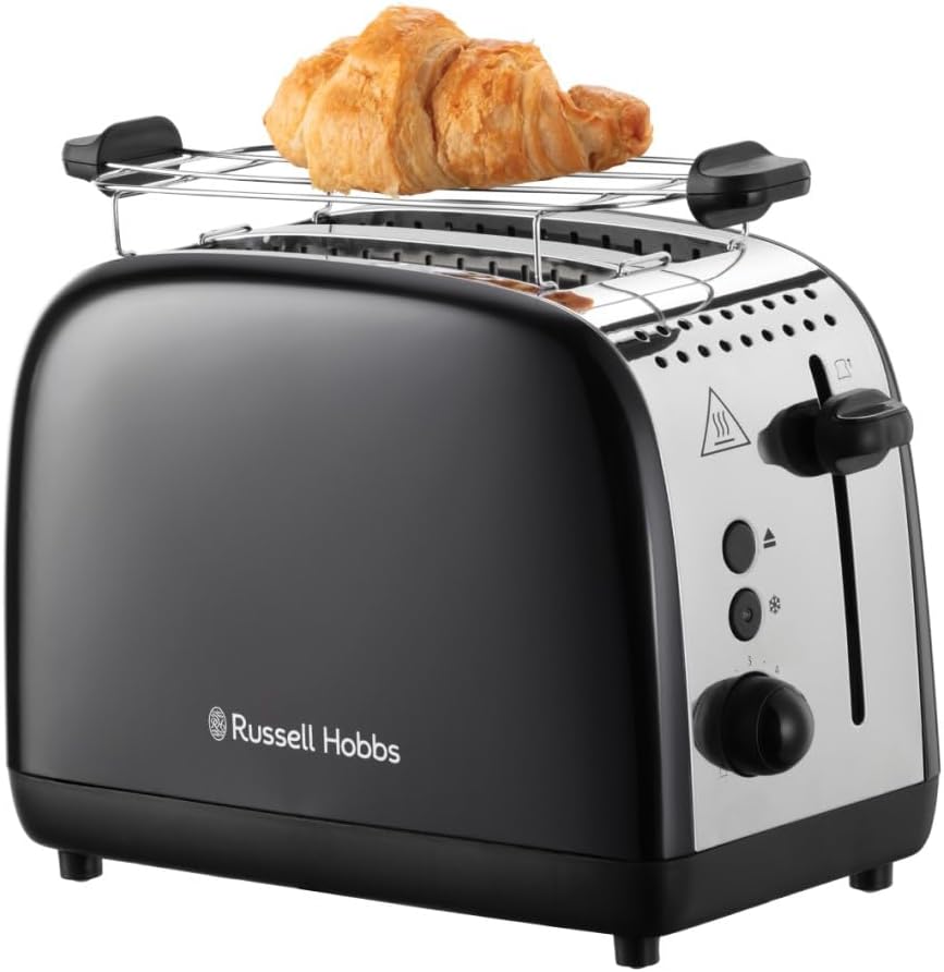 Russell Hobbs Colours Plus 26550-56 Toaster [for 2 Slices] Stainless Steel Black (Extra Wide Toast Slots, Including Bun Attachment, 6 Browning Levels + Defrost Function, Lift & Look Function, 1600W)