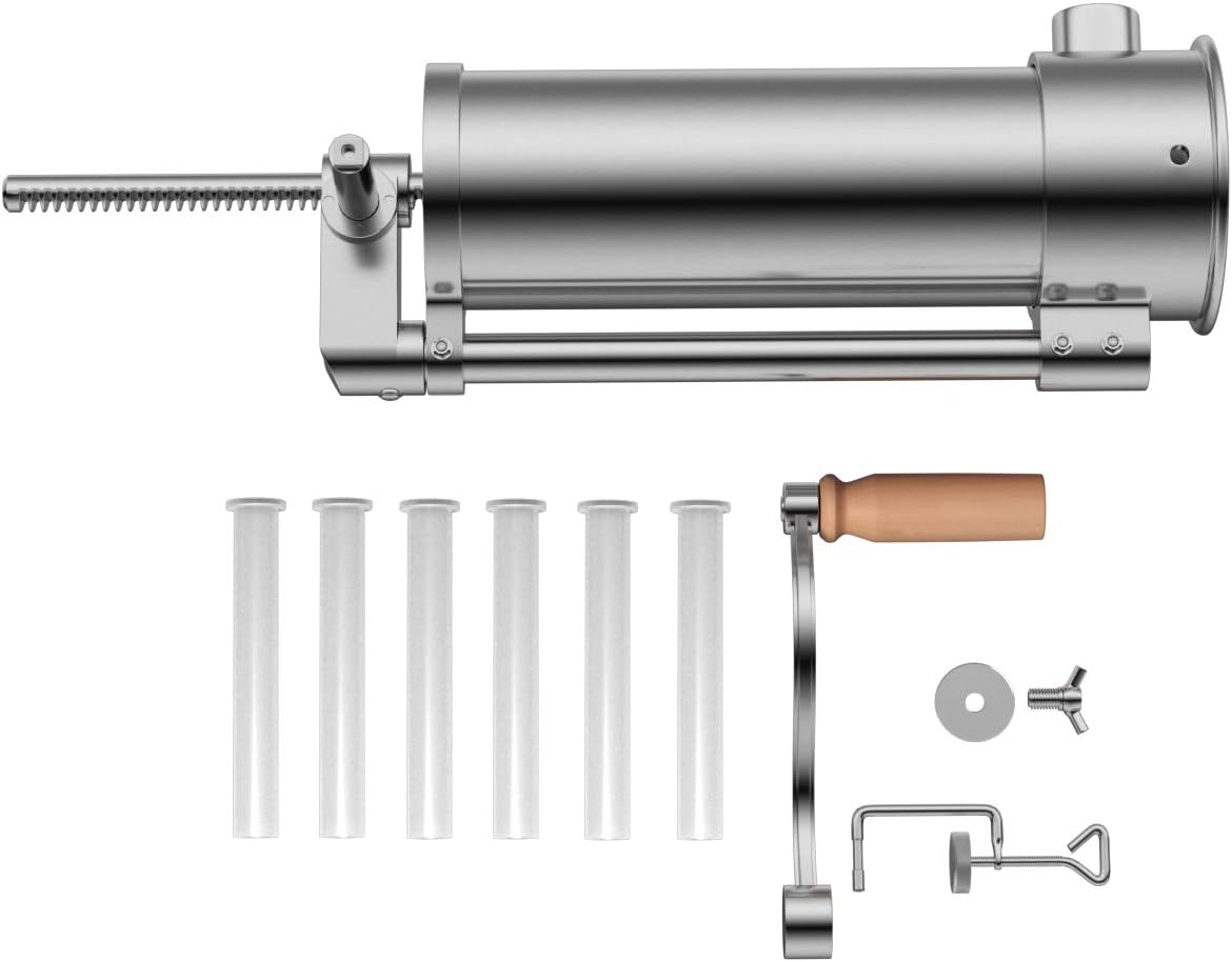 COSTWAY 1.5 L / 3 L / 3.6 L / 6 L Sausage Filler Manual Stainless Steel Sausage Filling Machine Silver Sausage Press with Table Clamp and Filling Tubes (6 L - 6 Filling Tubes)