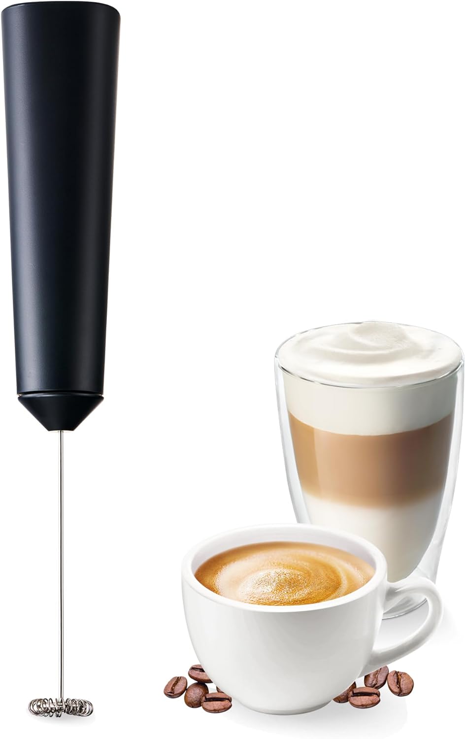 Tchibo Handheld Milk Frother Battery-Operated Dishwasher Safe Stainless Steel Whisk with Usb Charging Cable for Latte Macchiato, Cappuccino and Cocoa, Black