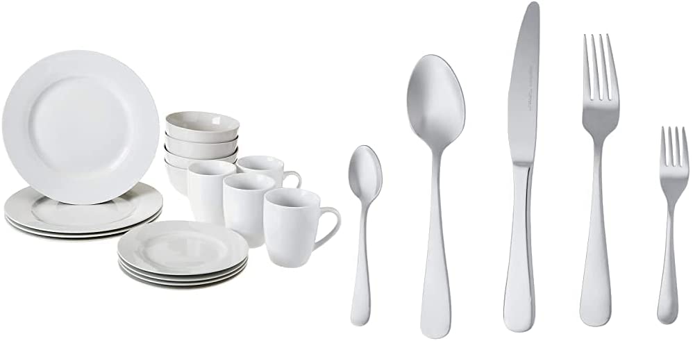 AmazonBasics Amazon Basics 16 Piece Tableware Set for 4 People & Cutlery Set with Rounded Rim Stainless Steel 20 Piece Set for 4 People