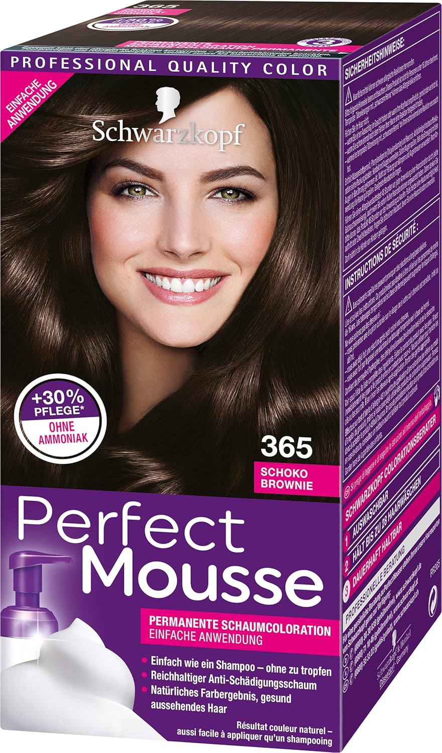 Schwarzkopf Perfect Mousse Permanent Foam Color, 365 Chocolate Brownie Level 3, Pack of 3 (3 x 93 ml)