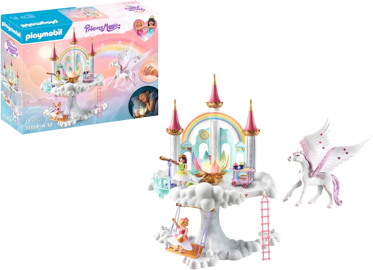 PLAYMOBIL Princess Magic 71359 Heavenly Rainbow Castle, Magic World with Luminous Rainbow Flower, Butterfly Ring, Pegas and Princesses, Age 4+