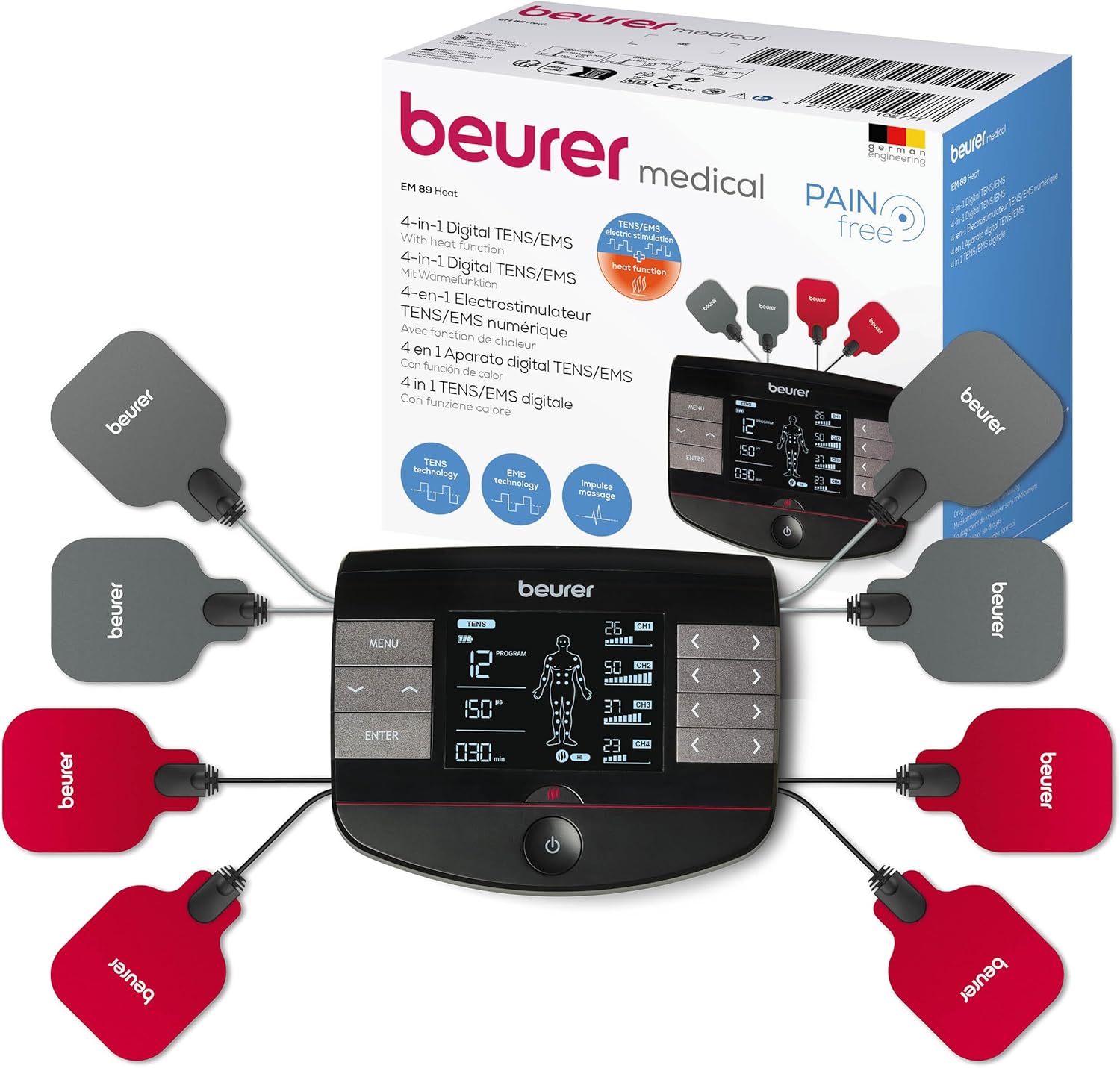 Beurer EM 89 Digital TENS/EMS Device with Heat Function, 4-in-1 Function for Pain Therapy, Muscle Stimulation, Massage and Heat Therapy, 4 Separately Adjustable Channels, 8 Electrodes & Battery