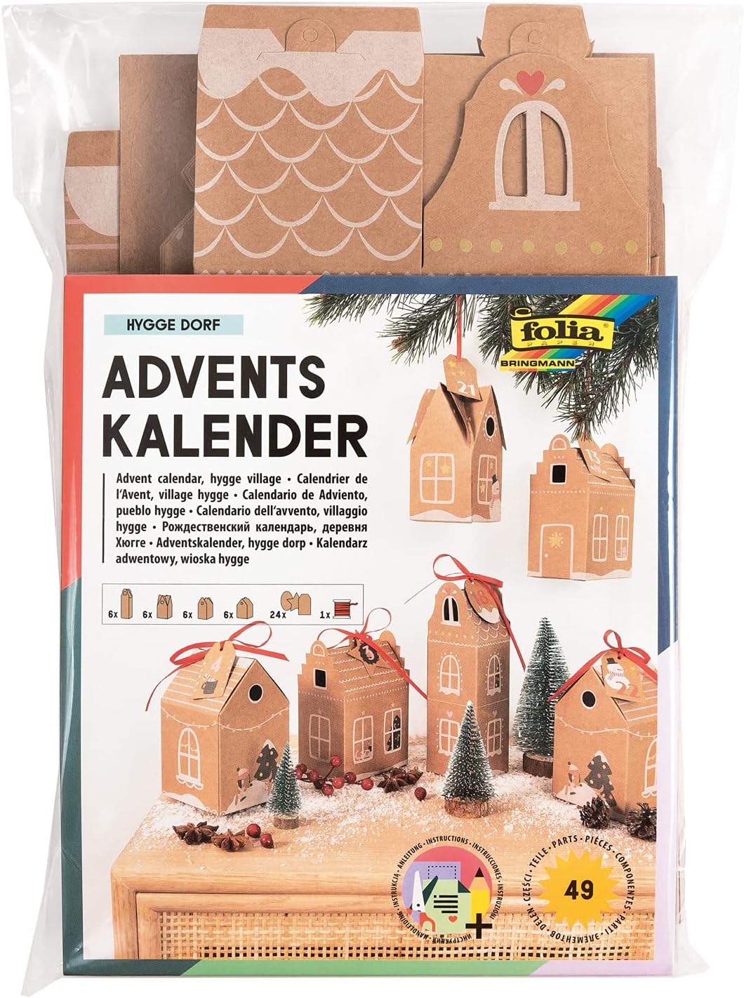 Folia 9385 Advent Calendar Set \ "Hygge Village \", Diy Craft Set with Gift Boxes for Filling, 24 Houses for Hanging or Standing, as a Gift and Special Christmas Decoration, Reusable
