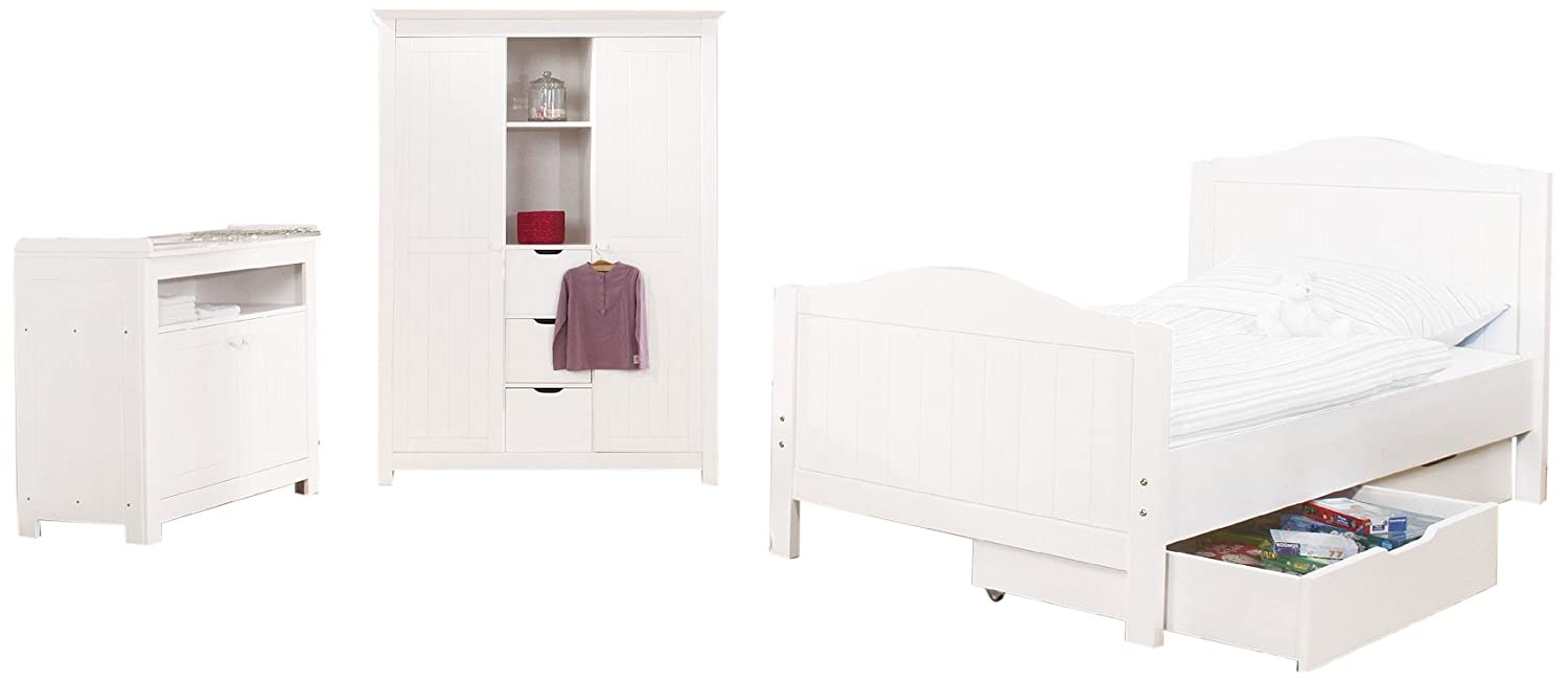 Pinolino Nina Children\'s Room Wide Large 3 Pieces Youth Bed (200 x 90 cm) Wide Chest of Drawers and Large Wardrobe Solid Spruce White Varnished (Item No. 10 16 17 JBG)