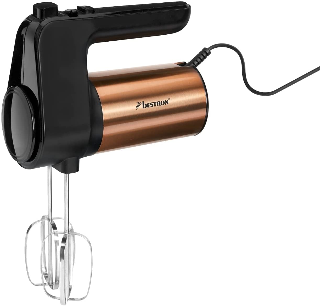 Bestron AHM1000CO Power Hand Mixer, Electric Hand Mixer with 2 Whisk and 2 Dough Hooks, 6 Levels, 400 Watt, Black/Copper, Plastic