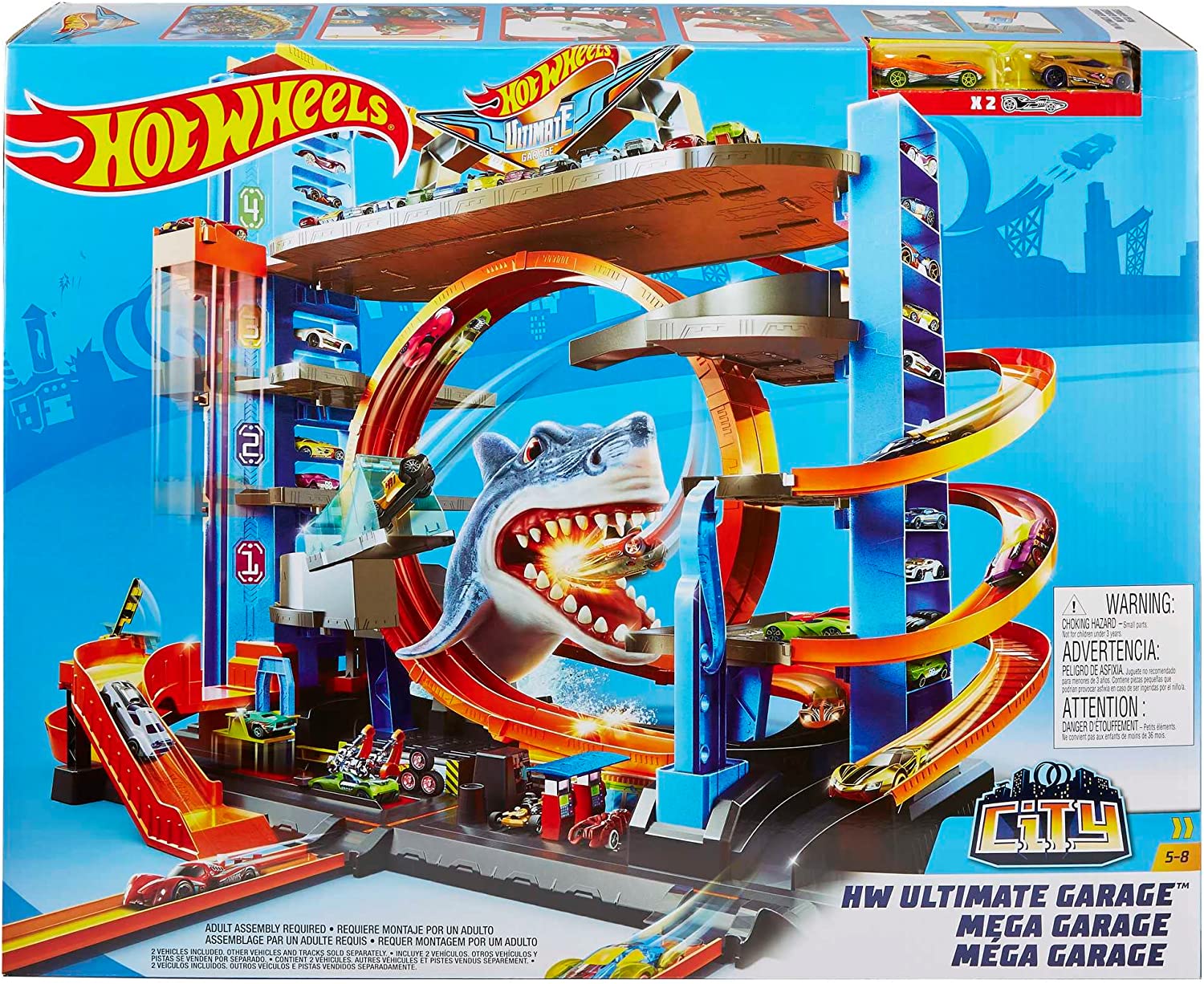 Hot Wheels FTB69 City Ultimate Car Park, Garage and Car Park with Shark for +90 Cars with Looping Tracks, Includes 2 x Toy Cars Approx. 63 cm High, For Ages 5+
