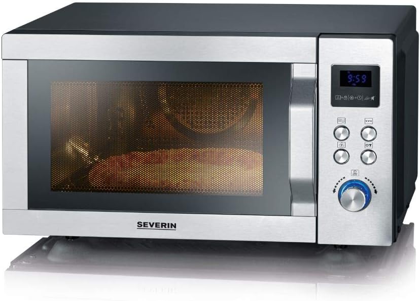 SEVERIN MW 7759 4-in-1 Microwave with Double Grill, Mini Oven with Pizza Express Function, Microwave with Grill and Hot Air Function up to 230 °C, Stainless Steel / Matte Black