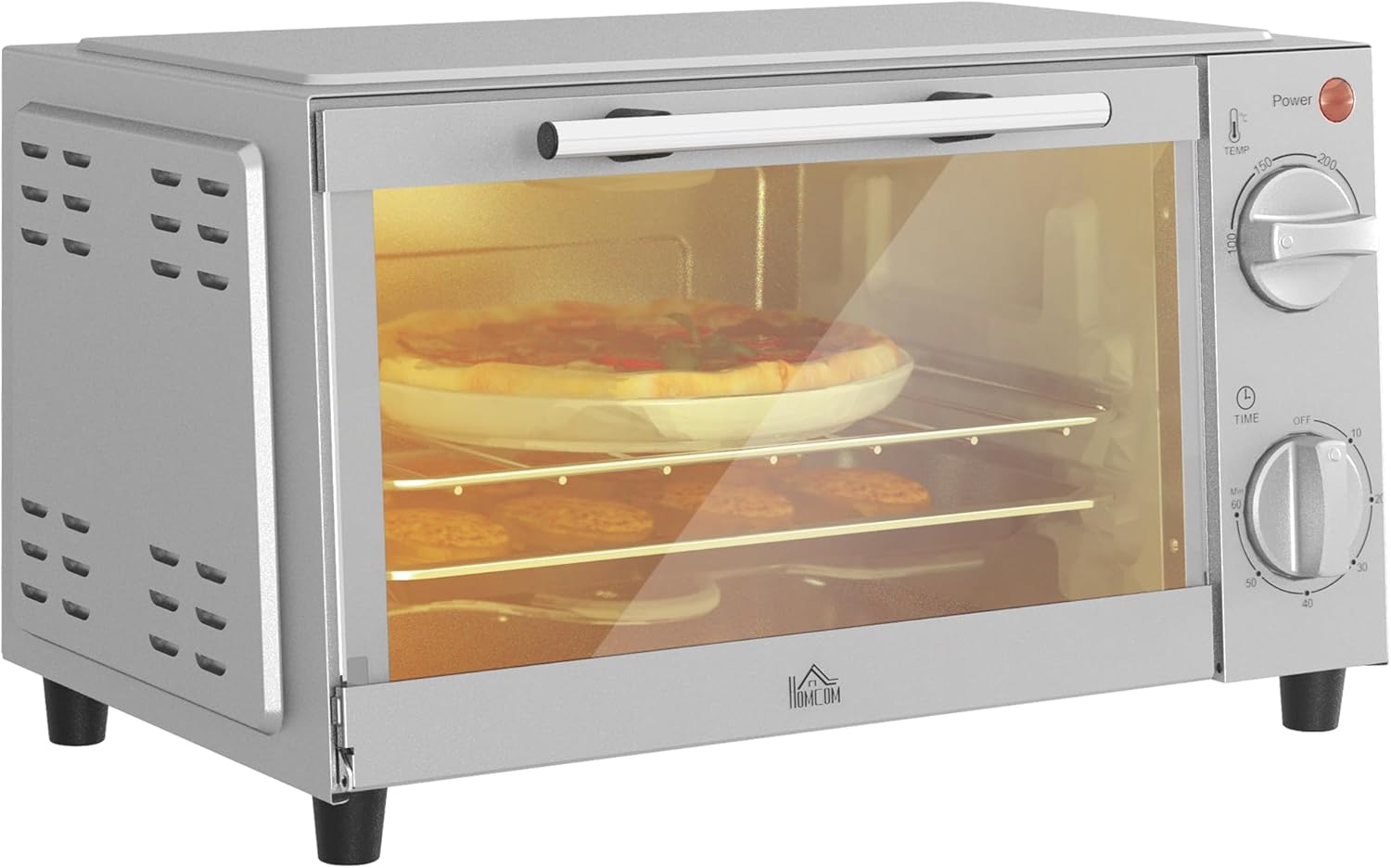 HOMCOM Mini Oven 9L Mini Oven with Baking Tray, Cooking Grate, 100 °C - 230 °C, with Adjustable Temperature and Cooking Time, 60 Min. Timer, 750 W, Stainless Steel, Silver