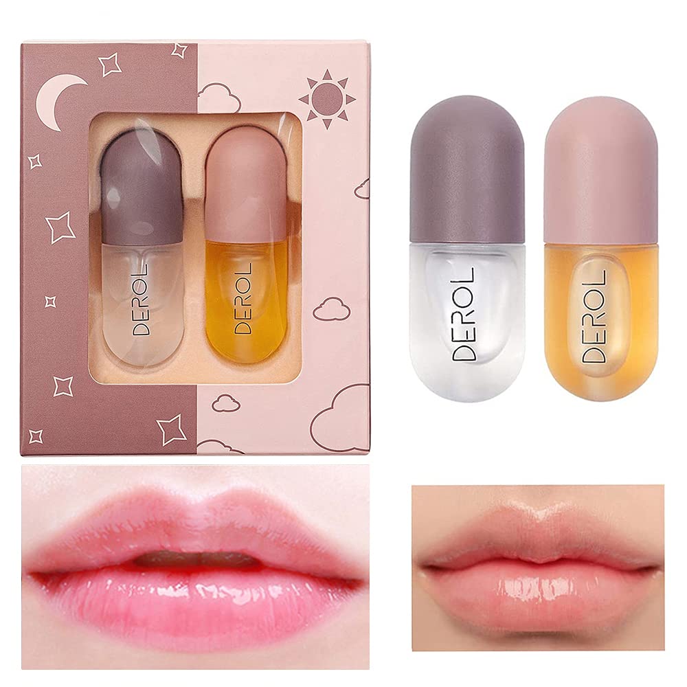 BROEYOUE Lip Plumper - Natural Make-Up Lip Gloss and Lip Care Serum, Lip Enhancer, Day & Night Moisturising Repair Lip Plumping Set, Reduces Fine Lines, Soft and Shiny