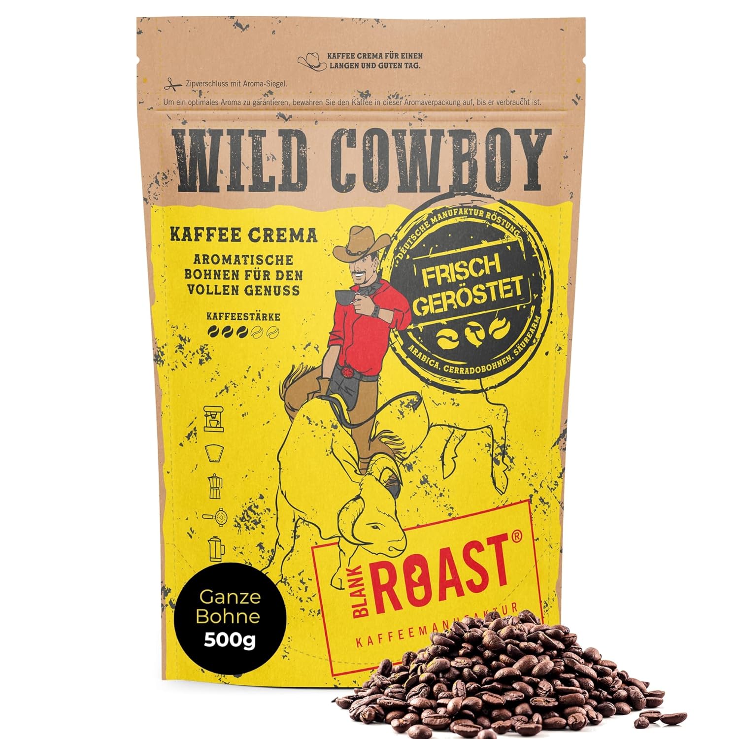 BLANK ROAST Wild Cowboy Crema - Whole Coffee Beans - 100% Arabica Coffee - Gently Roasted with Hickory Wood - Low Acid (500 g)