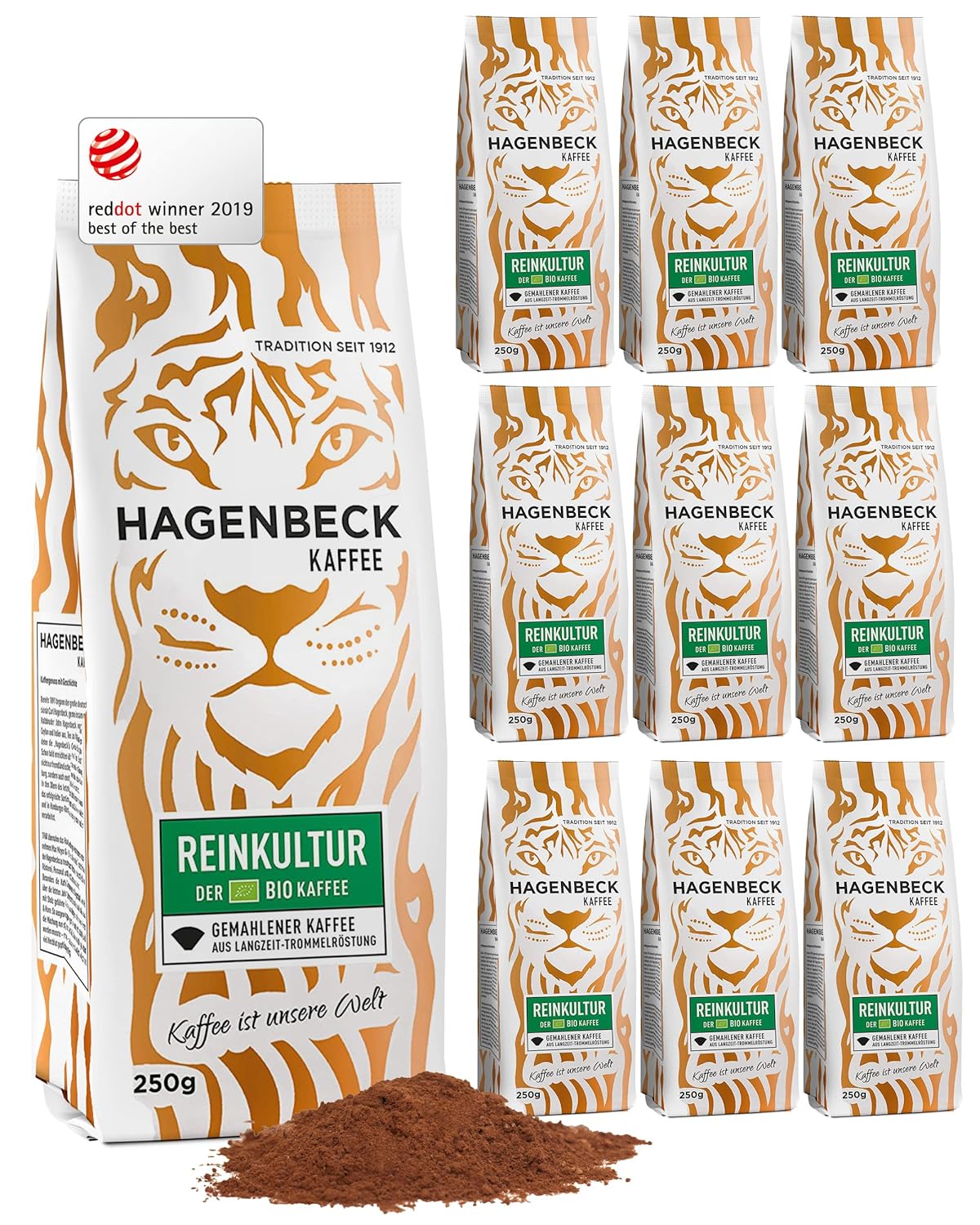 Hagenbeck Organic Pure Culture 10x250g (2,5kg) | Organic Coffee Ground & Classic Aromatic | Moderate Intensity | Ground coffee from German roasting | 100% Arabica blend made from organic coffee beans
