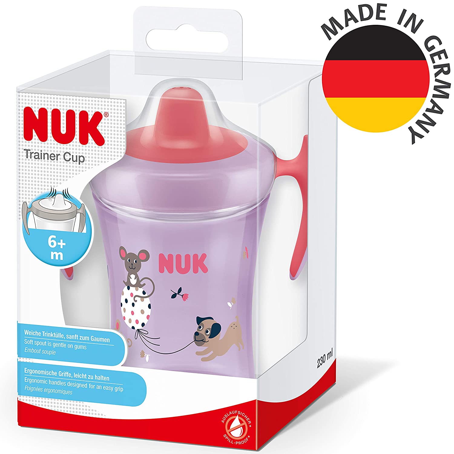 NUK Trainer Cup Drinking Cup, Soft Spout, Leak-Proof, 6+ Months, BPA-Free, 230 ml, Dog and Mouse, Purple.