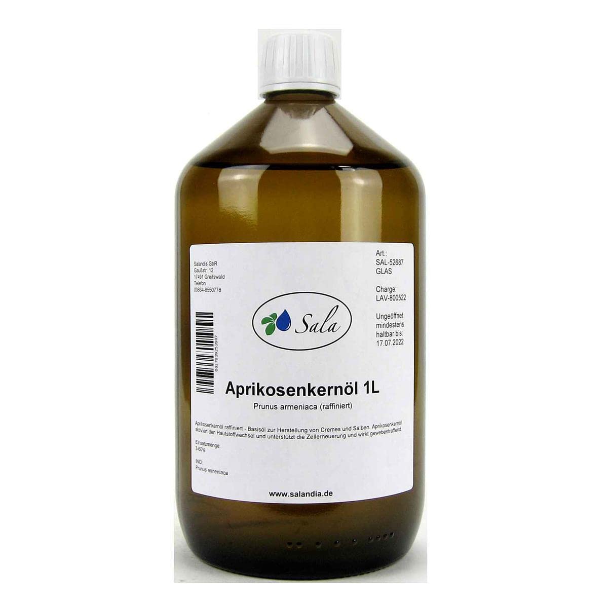 Sala Apricot Kernel Oil Prunus Armeniaca Refined 1000 ml (1 Litre Glass Bottle)