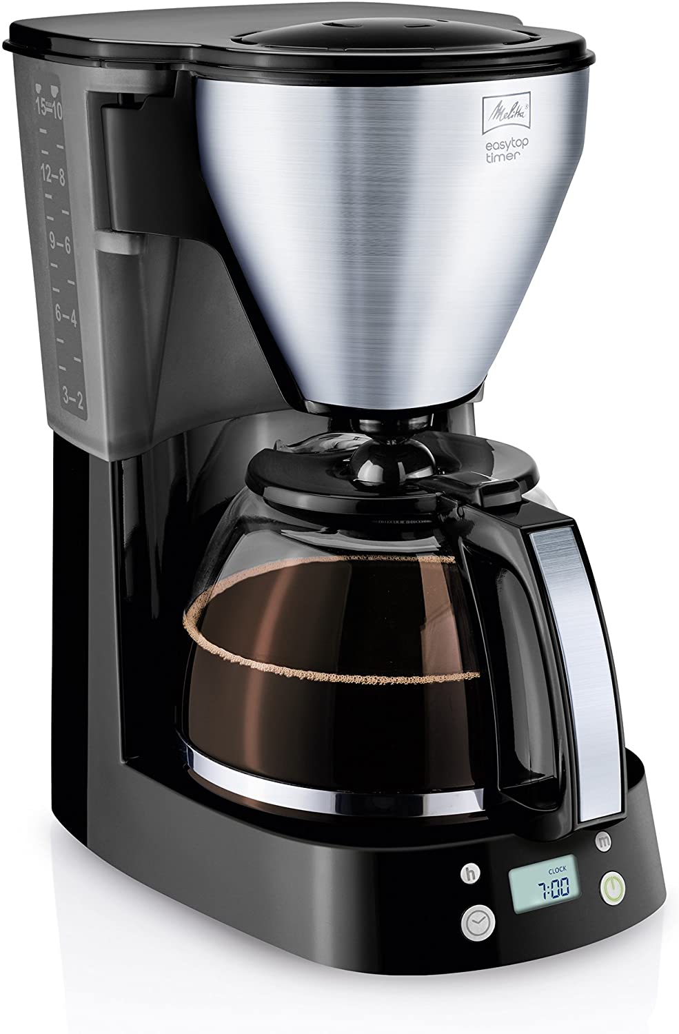 Melitta Easy Top Timer 1010-15, Filter Coffee Machine with Glass Jug, Programmable Warming Time, Black Stainless Steel