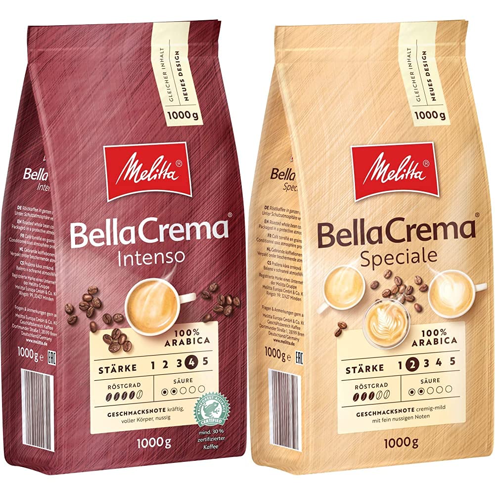 Melitta Bellacrema Intego, entire coffee beans, strength 4, 1kg & Bellacrema Speciale, entire coffee beans, strength 2, 1kg
