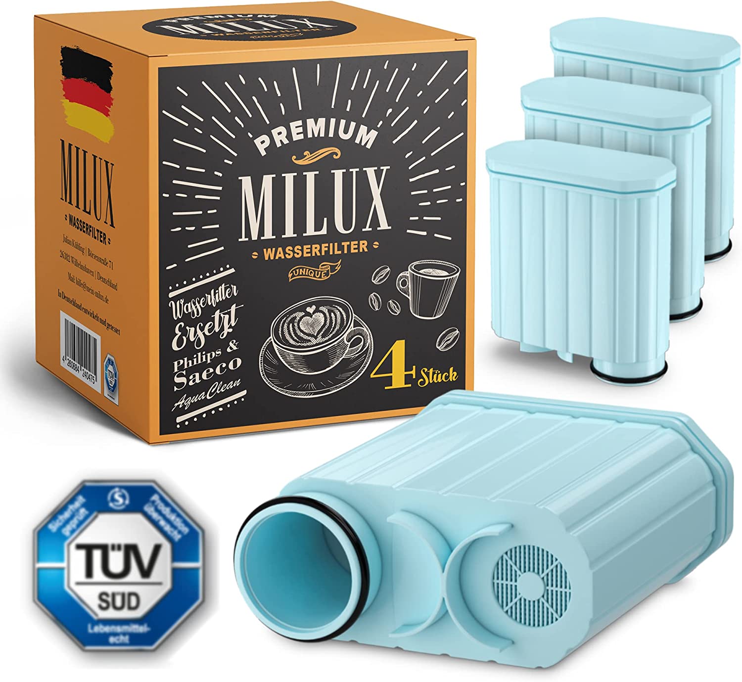Milux Water Filter for Philips & Saeco AquaClean, TÜV Certified, Pack of 4
