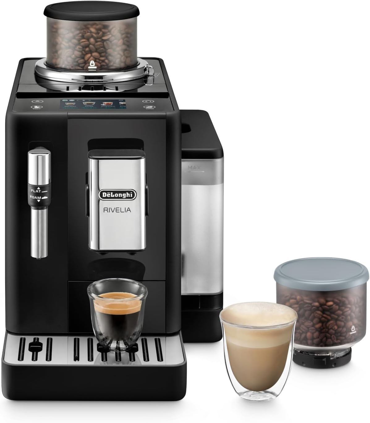 De\'Longhi Rivelia EXAM440.35.B Fully Automatic Coffee Machine, Milk Frothing Nozzle, Interchangeable Bean Container, 8 Coffee Drinks, Extra Shot Function, 3.5 Inch Touch Display, Onyx Black