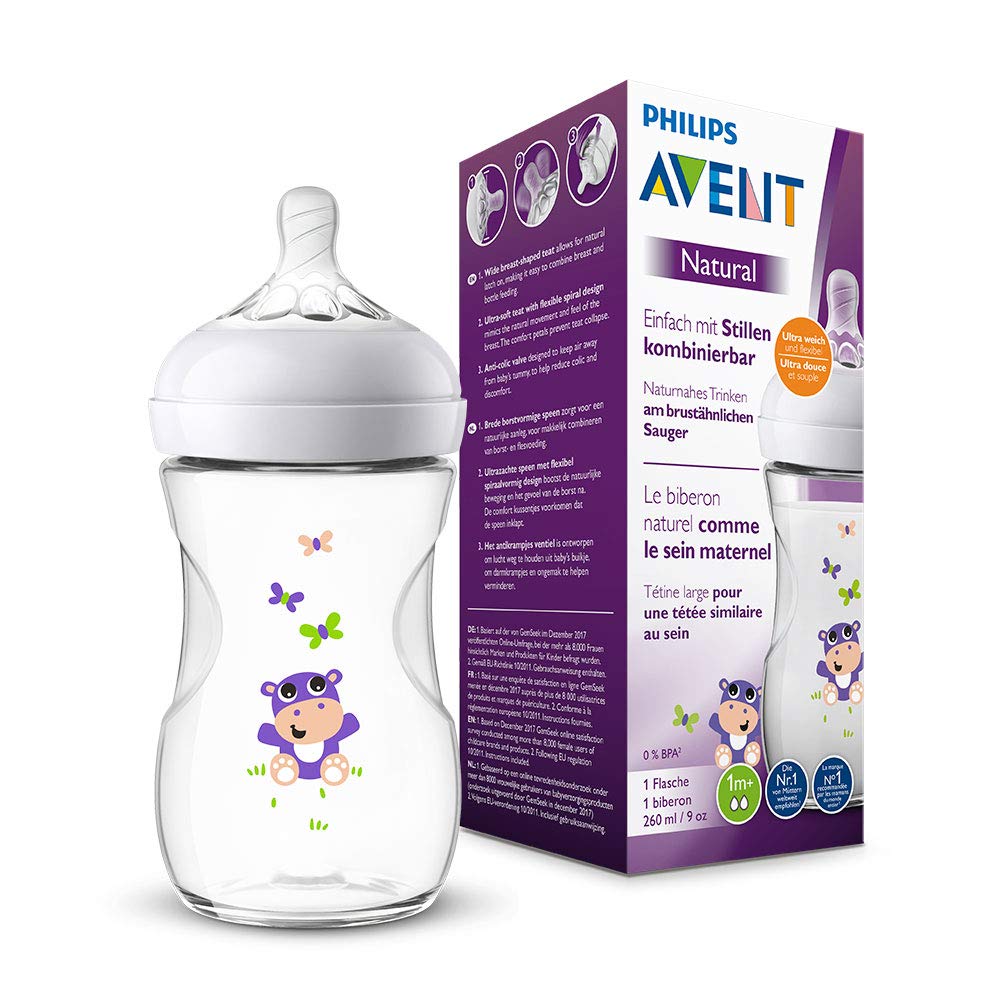 Philips Avent Natural Bottle with Natural Drinking Feel and Anti-Colic System, 260 ml, with Logo