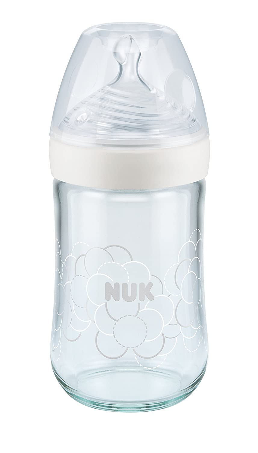 NUK Nature Sense Glass Baby Bottle 0-6 Months Breast-Like Silicone Teat, 240 ml, White