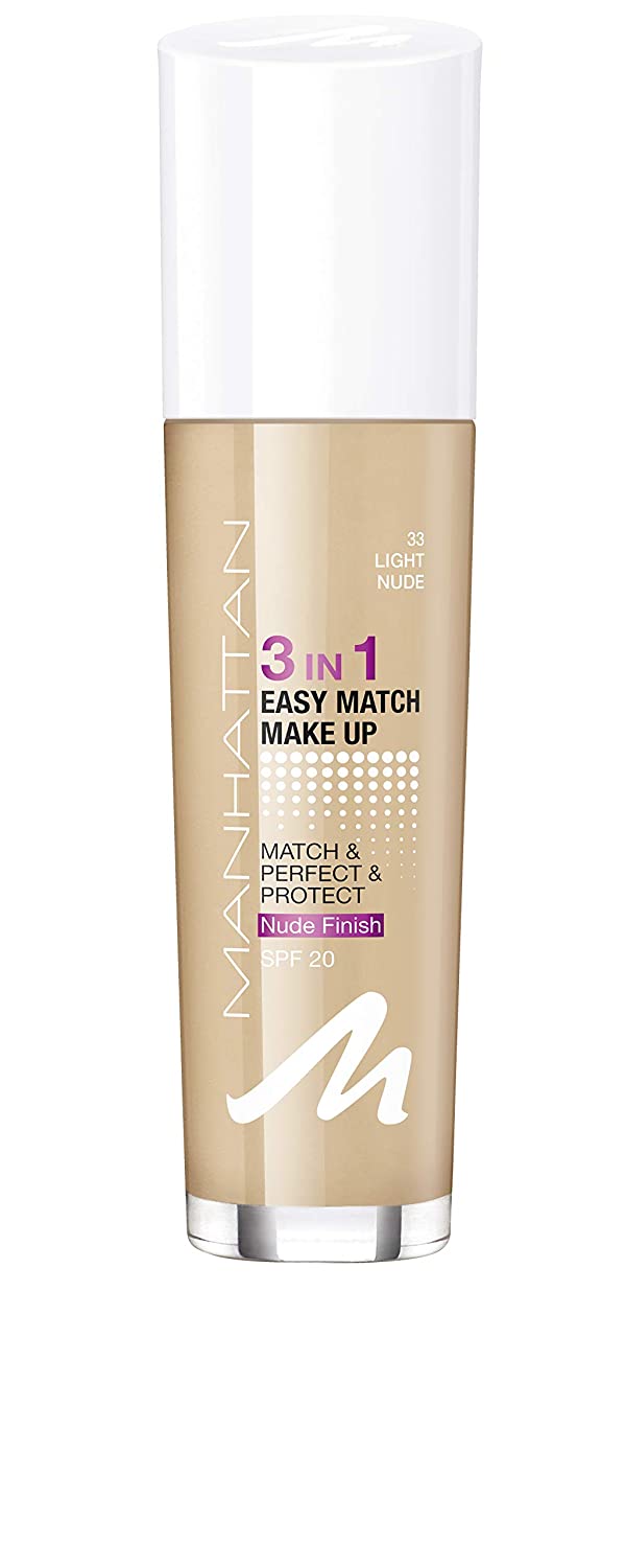 Manhattan 3-in-1 Easy Match Make Up, Oil-Free Foundation for a Flawless Complexion, Colour 33 Light Nude, 30 ml, ‎33 nude