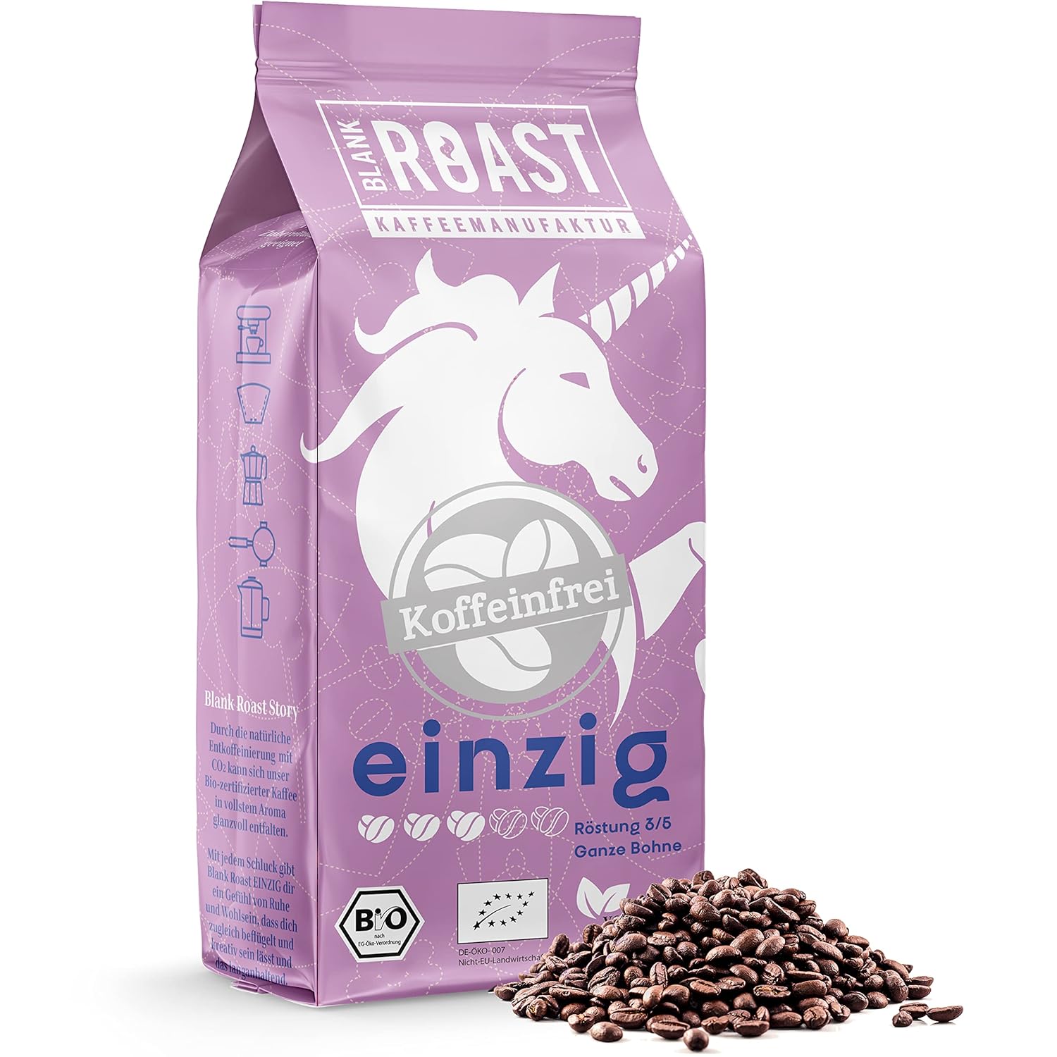 Blank Roast - Unique - 1 kg - Organic Coffee Beans Caffeine-Free - 100% Arabica from Peru - Gentle & Environmentally Friendly Decaffeinated - Low Acid with Full Crema - Ideal for Any Type of