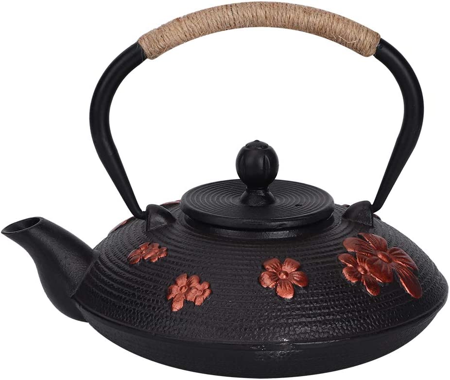 AUNMAS 0.9L Cast Iron Teapot Japanese Style Red Oriental Cherry Pattern Copper Tetsubin Classic Kettle Drink Tool for Home Restaurant