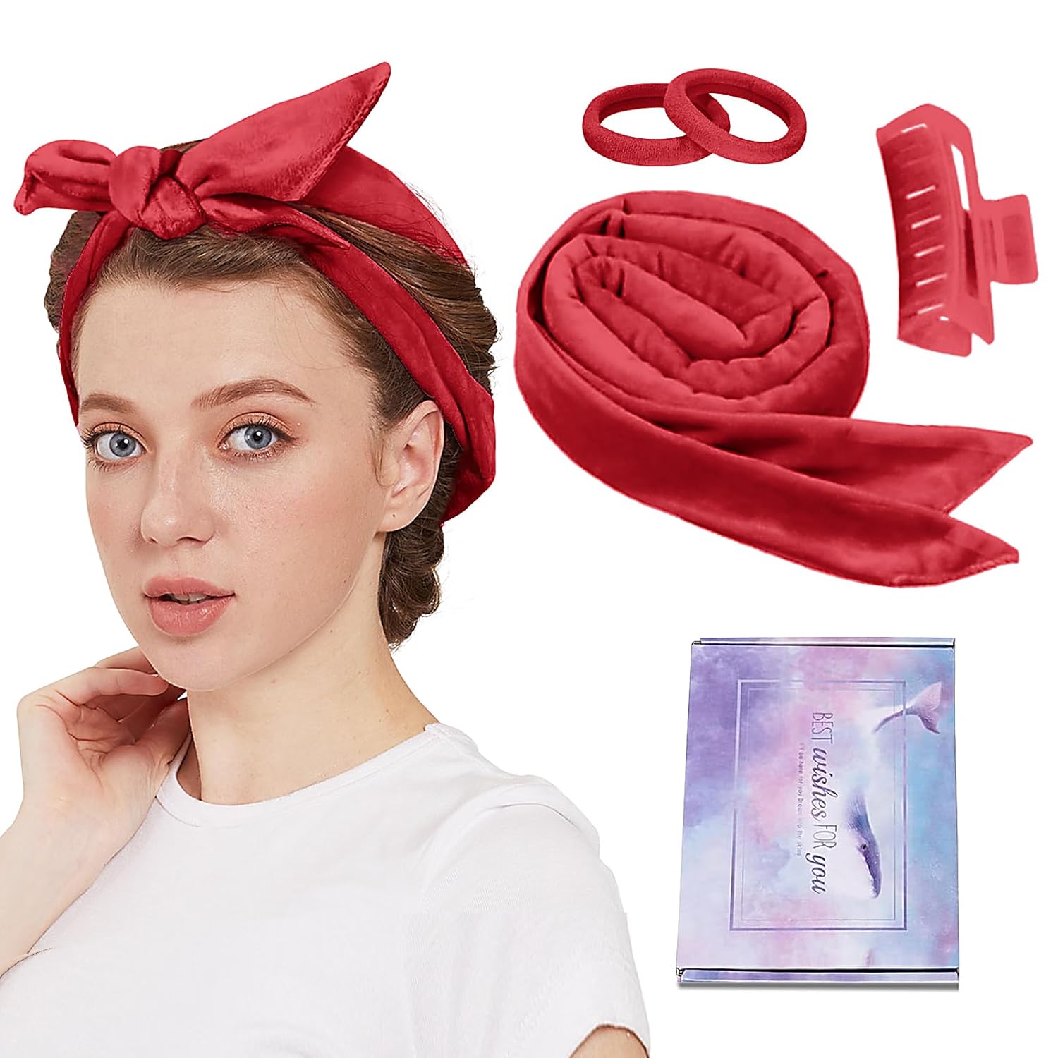 Curler Without Heat, Non-Slip Heatless Velvet Hair Curls Band Overnight with Hairpin, DIY Hair Curler Curling Band, Hairstyle Set for Medium Long Hair, Red
