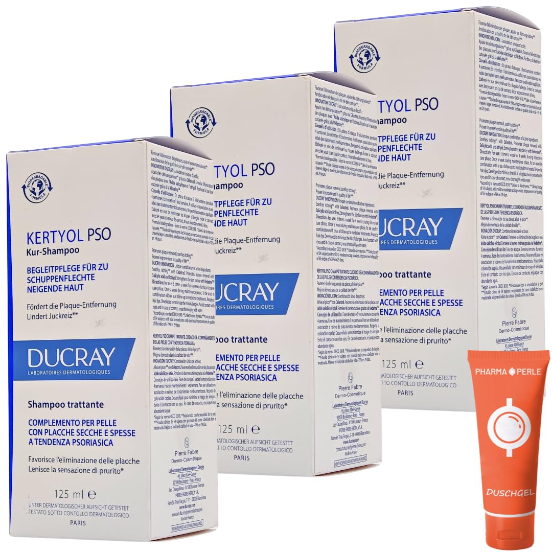 Kertyol PSO Treatment Shampoo 3 x 125 ml I Accompanying Care for Psoriasis Prone Skin I Psoriasis I Promotes Plaque Removal I Relieves Itching I Economy Set Plus Pharma Perle Giveaway